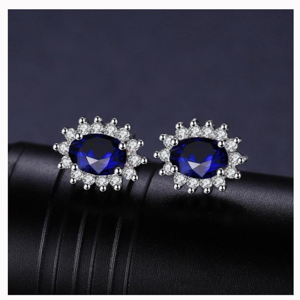 925 Sterling Silver Blue Sapphire Stud Earrings - Picture 2 of 6